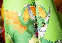 Vendo piccolo castello gonfiabile multidivertente con tetto e scivolo a tema dinosauro. Acquista castelli gonfiabili online su JB Gonfiabili Italia