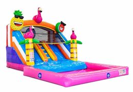 Acquistare un gioco gonfiabile per bambini con scivolo e piscina con il tema fenicottero