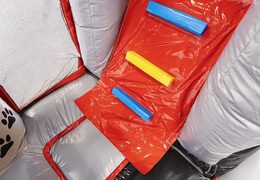 Ordina un cuscino gonfiabile ad aria con scivolo a tema animale con sopra un grosso cane per bambini