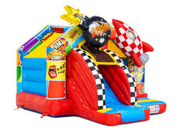 Castello gonfiabile combinato con scivolo a tema fumetto con razzo e bomba