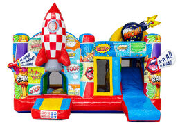 Castello gonfiabile multiplay a tema fumetto con razzo e personaggi dei cartoni animati