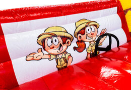 Castello gonfiabile a tema safari gorilla con illustrazione di ranger in Jeep