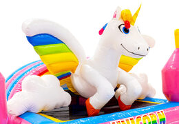 Figura 3D sul castello gonfiabile Dubbelslide unicorn con ali arcobaleno Tema Unicorn