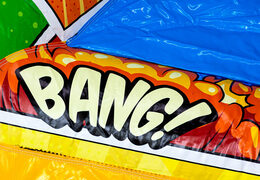 Castello gonfiabile A-frame Super Comic stile fumetto per bambini, ora disponibile da JB Inflatables