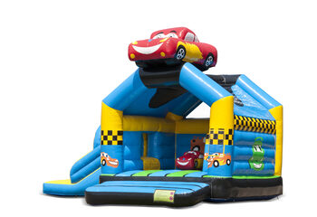 Acquistare un multigioco gonfiabile per bambini con tetto ostacoli e scivolo con il tema macchina