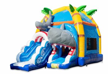 Acquistare un multigioco gonfiabile per bambini con tetto ostacoli e scivolo con il tema squalo