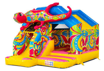 Castello gonfiabile combinato con scivolo con colori giallo, blu, rosa e fiori