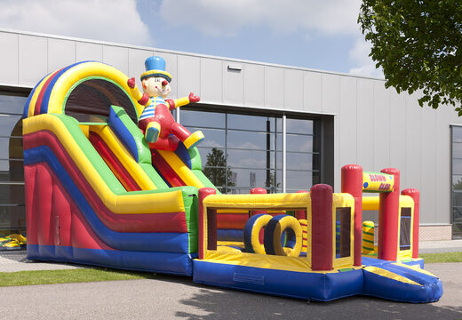 Scivolo multifunzionale gonfiabile a tema clown con piscina per bambini, impressionante oggetto 3D, colori freschi e gli ostacoli 3D per i bambini. Ordina ora gli scivoli gonfiabili online su JB Gonfiabili Italia
