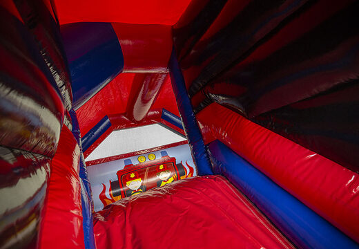 Castello gonfiabile a tema pompiere in vendita su JB Gonfiabili Italia. Castelli gonfiabili con scivolo per bambini disponibili per l'acquisto nei colori rosso e blu