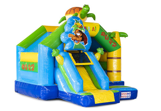 Acquista castello gonfiabile combinato scivolo gonfiabile in tema hawaii per bambini, castelli gonfiabili con scivolo disponibili per l'acquisto su JB Gonfiabili Italia