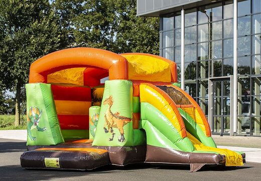 Castello gonfiabile multifun con scivolo verde in tema dino per l'acquisto dei bambini. Acquista castelli gonfiabili online su JB Gonfiabili Italia