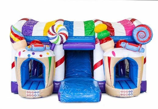Multiplay XXL Candyland castello gonfiabile in un design unico con due ingressi, uno scivolo al centro e oggetti 3D per i bambini. Acquista castelli gonfiabili online su JB Gonfiabili Italia