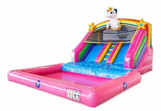 Acquista il castello gonfiabile scivolo acquatico con doppi  a tema unicorno arcobaleno per bambini su JB Gonfiabili Italia. Ordina saltarelli gonfiabili acquatici online su JB Gonfiabili Italia