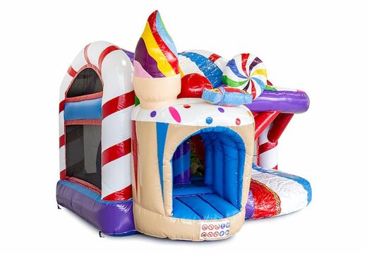 Springkussen in candyland thema met glijbaan en met binnenin 3D objecten bestellen voor kinderen.  Koop opblaasbare springkussens online bij JB Inflatables Nederland