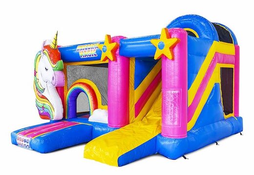 Ordina un castello gonfiabile gonfiabile con scivolo a tema unicorno per bambini