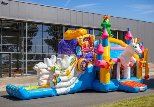 Ordina il castello gonfiabile multigiocatore super gonfiabile in stile unicorno con tanti colori per i bambini