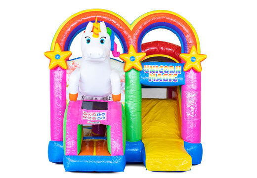Ordina il castello gonfiabile Mini Multiplay coperto con scivolo a tema Unicorno per bambini. Acquista ora buttafuori gonfiabili su JB Gonfiabili Italia