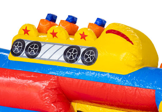 Carrello di montagne russe su percorso ad ostacoli gonfiabile blu rosso giallo