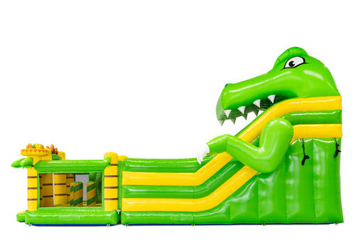 Vista laterale dello scivolo multiplay 4 in 1 a tema dinosauro con modulo di gioco