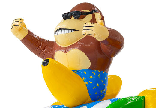 Figura 3D sul castello gonfiabile Dubbelslide scimmia con tema spiaggia e banana.