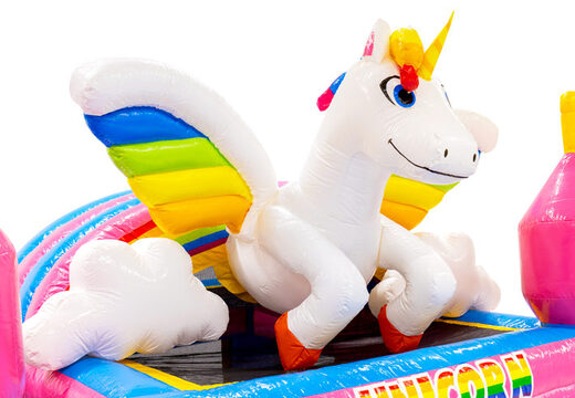 Figura 3D sul castello gonfiabile Dubbelslide unicorn con ali arcobaleno Tema Unicorn